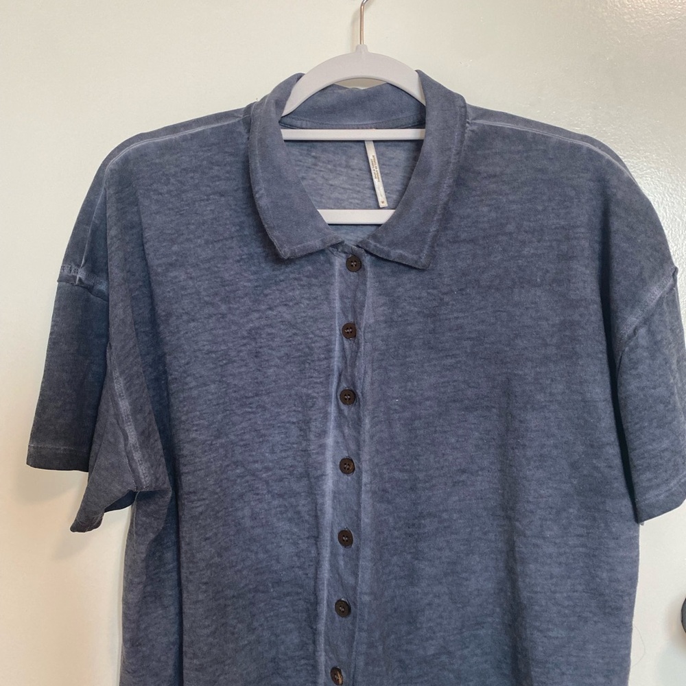 Free People Casual Navy Blue Button-Down Shirt